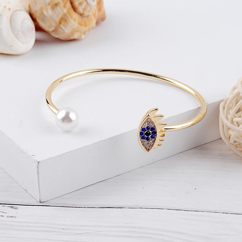 Trendy Blue Rhinestone Eye Imitation Pearl Cuff Bracelet Female New Alloy Open Bangle Indian Jewelry