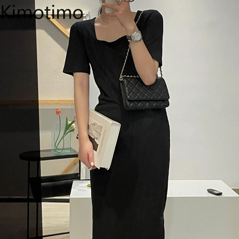 

Kimotimo Woman Black Dress Korean Chic Ins Style Thin Square Collar Elegant Slim Fit All-match Long Split Summer 2021 Vestidos