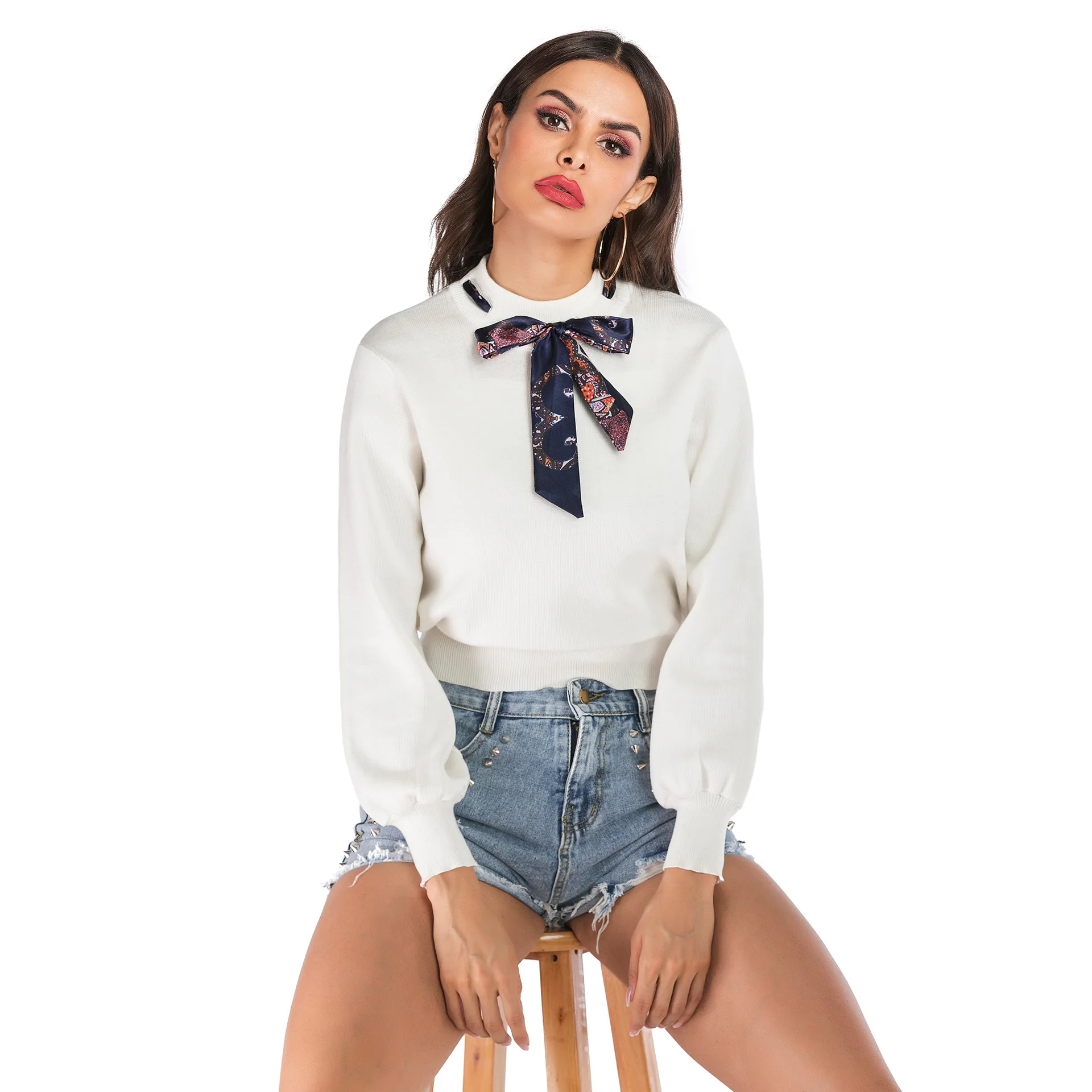 Новый пуловер свитер облегающий вязаный женский с длинным рукавом и бантом милая