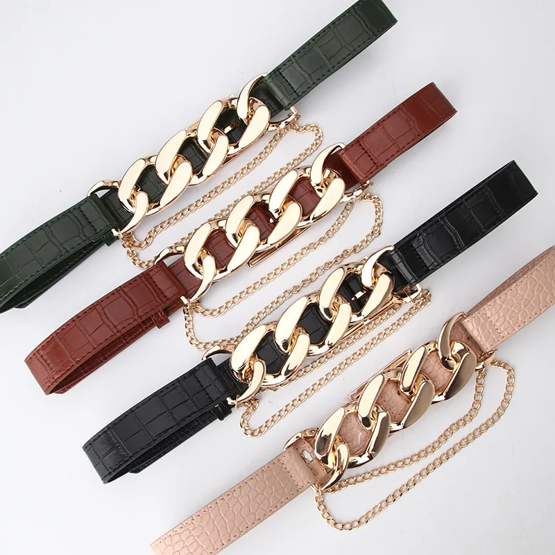 

Solid Color Waist Belt Punk Fashion Women Belt Dress Coat Sweater Lady Decorative Waistband Faux Leather Thick Chain Waist Strap