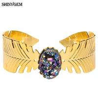 shinygem gold feather colorful oval druzy stone bracelets vintage big feather wings open cuff bangles for women birthday party