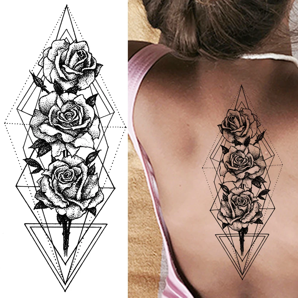 Геометрические татуировки Lotus Rose наклейки реалистичные поддельные черные цветы