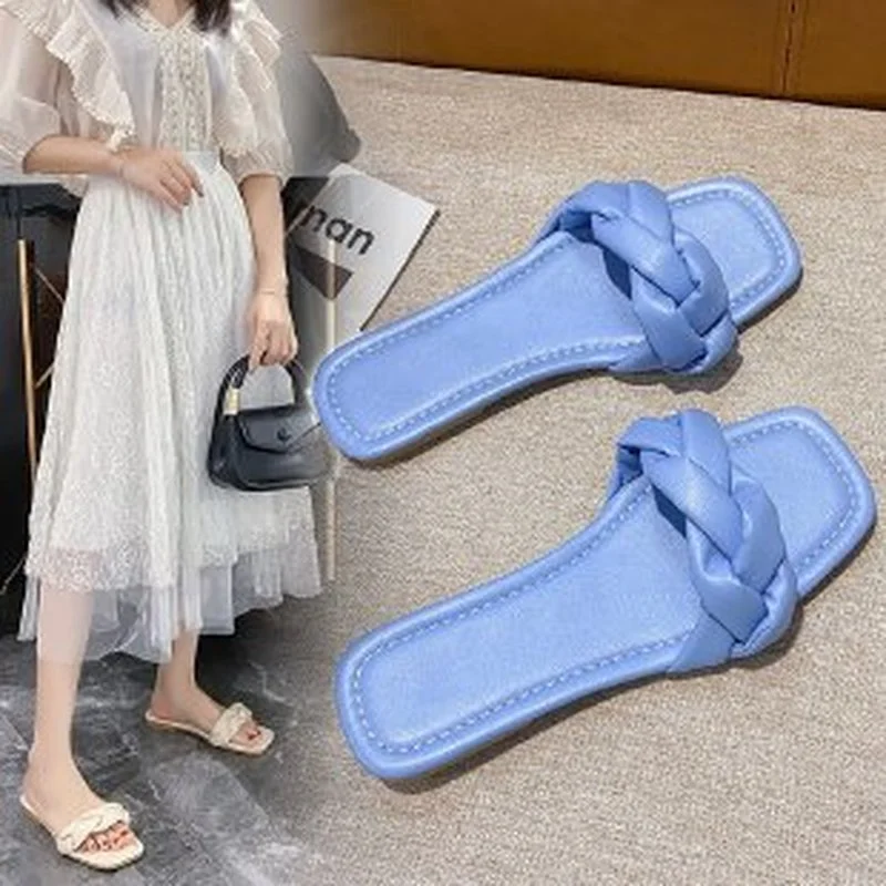 

Casual Slides Fashion Square Toe Flat Slippers Women Shoes Weaving Slippers Women 2021 Summer Beach Flip Flops Mujer