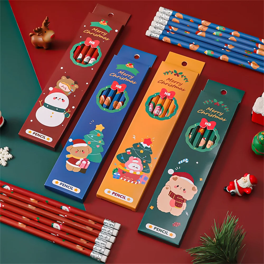 

Набор рождественских карандашей 6 шт./лот в коробке, деревянные карандаши для рисования и эскизов Hb с резиновыми канцелярскими принадлежностями, школьные принадлежности для студентов