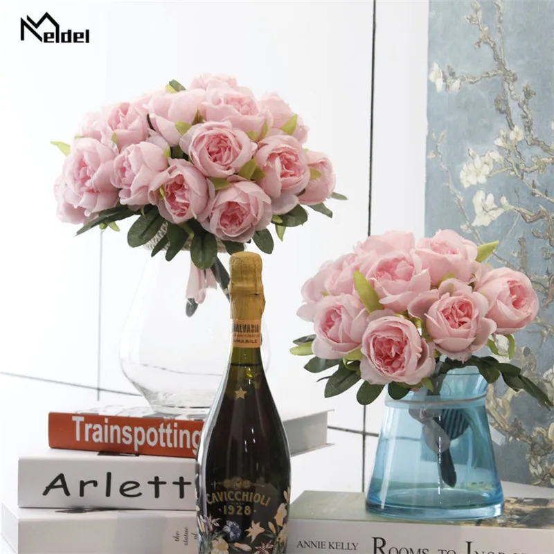Meldel 10 Heads Artificial Flowers Roses Bouquet Silk Fake Flower with Leaves for DIY Home Garden Wedding Decor Pink White Flore | Дом и сад