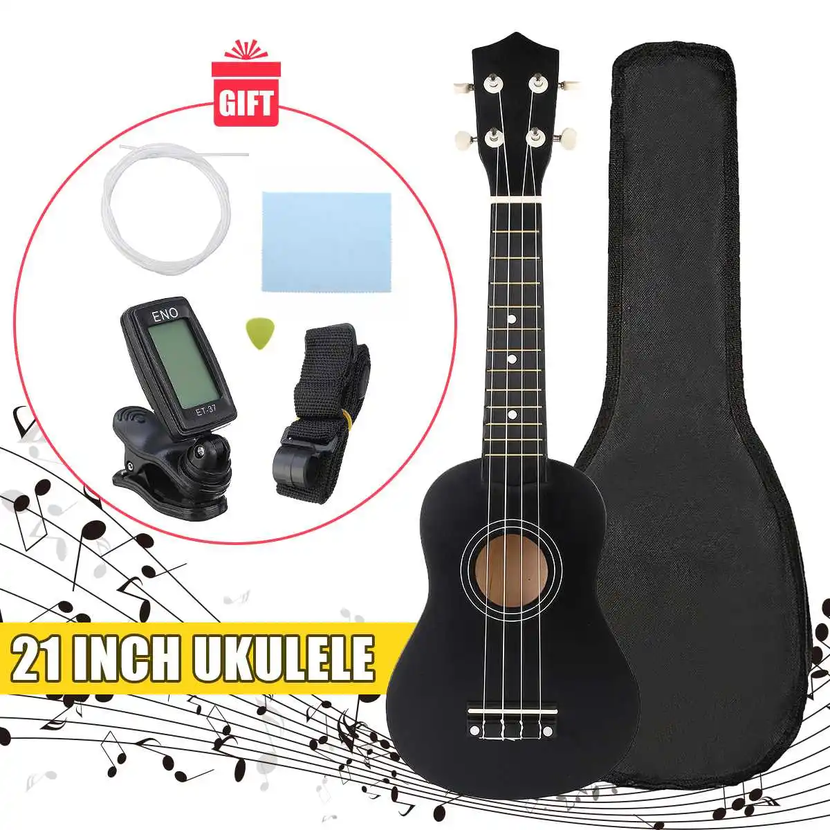 

21 inch 12 Fret Soprano Ukulele Basswoood Beginner Ukelele Stringed Musical Instrument with Gig bag+Tuner+Strings+Pick+Strap