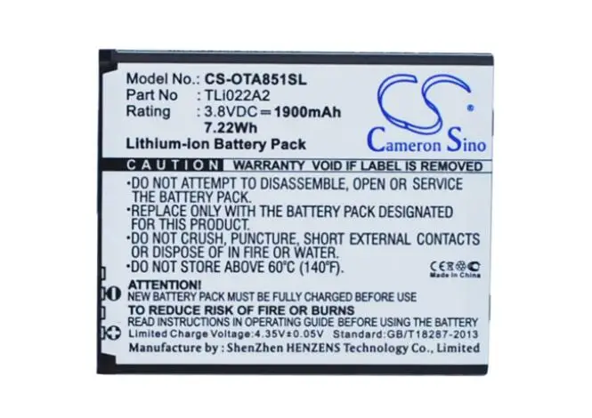 

cameron sino 1900mah battery for ALCATEL One Touch Sonic OT-A851L TLi022A2 Mobile, SmartPhone Battery