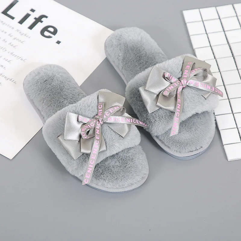 

Akexiya Winter Women Plush Home Slippers with Faux Fur Warm Shoes Woman Slip on Flats Cute Bowtie Female Slides Plus Size 41