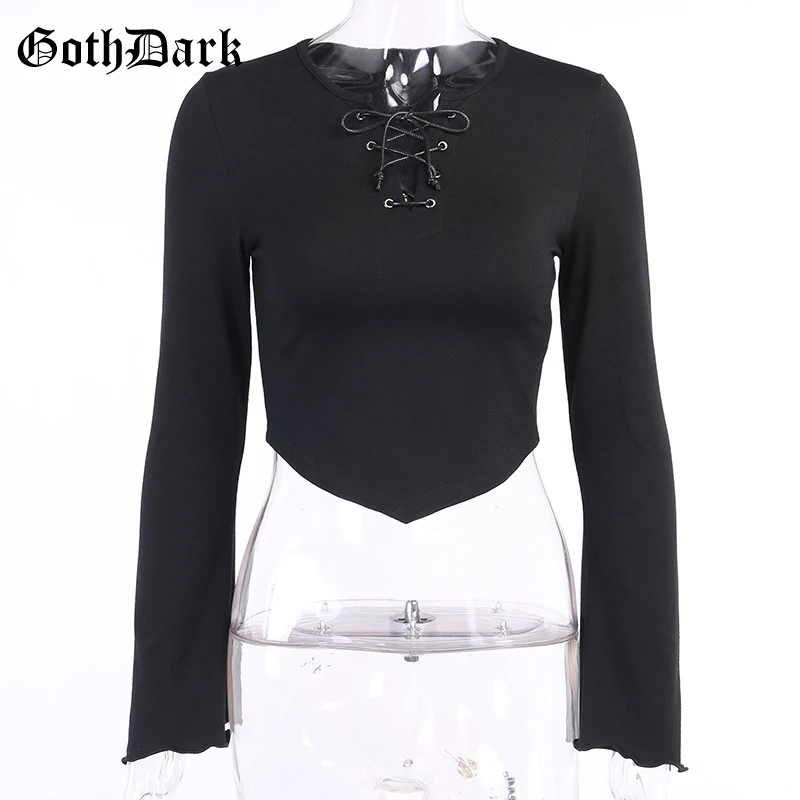 

Goth Dark Gothic Bandage T-shirts Punk Black Ruffles Flare Long Sleeve Asymmetrical Hem O-neck Women Crop Tops Tee Casual Wear