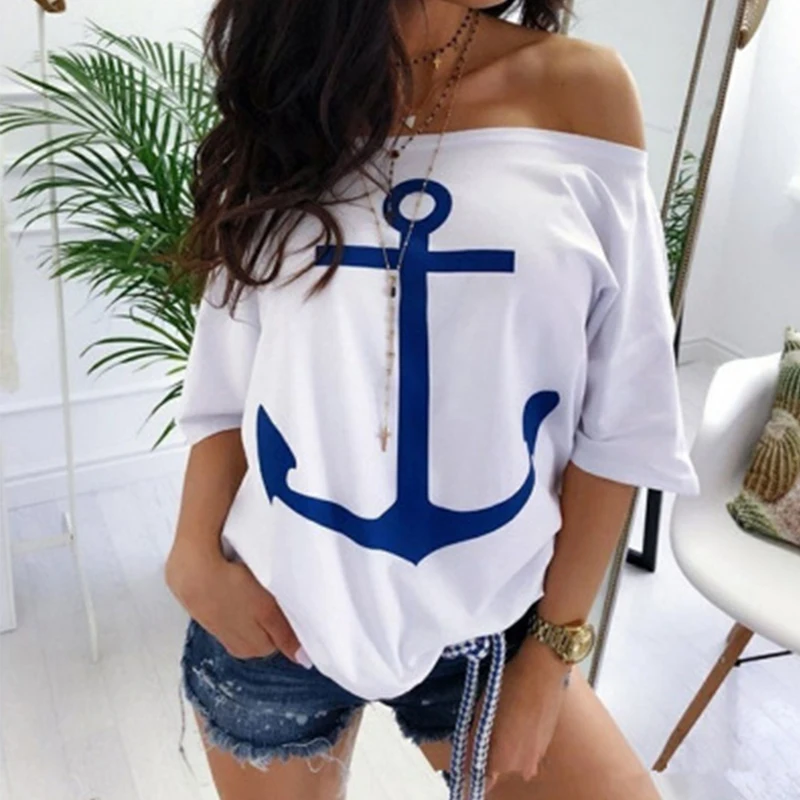 Women Anchor Print Loose T-shirt Summer Slash Neck Tees Casual Batwing Sleeve Tops T-shirts Plus Size | Женская одежда