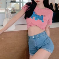 t shirt female korean style slim slimming pink angel letter print round neck girl short sleeved top