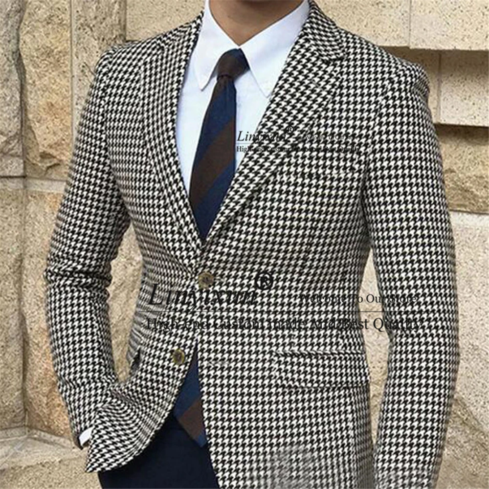 

Повседневный клетчатый деловой Блейзер Houndstooth, мужские костюмы, куртка с Боковым Разрезом, облегающий смокинг, мужская мода, комплект из дву...