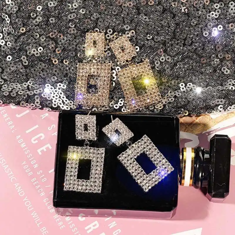 Luxury Shining Crystal Earrings Gold Silver Color Square Rhinestone for Women Wedding Party Jewelry | Украшения и аксессуары