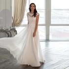 Простое пляжное свадебное платье, кружевные свадебные платья с коротким рукавом и глубоким круглым вырезом для невесты, с открытой спиной и бисером, модель 2021 Свадебные платья из шифона