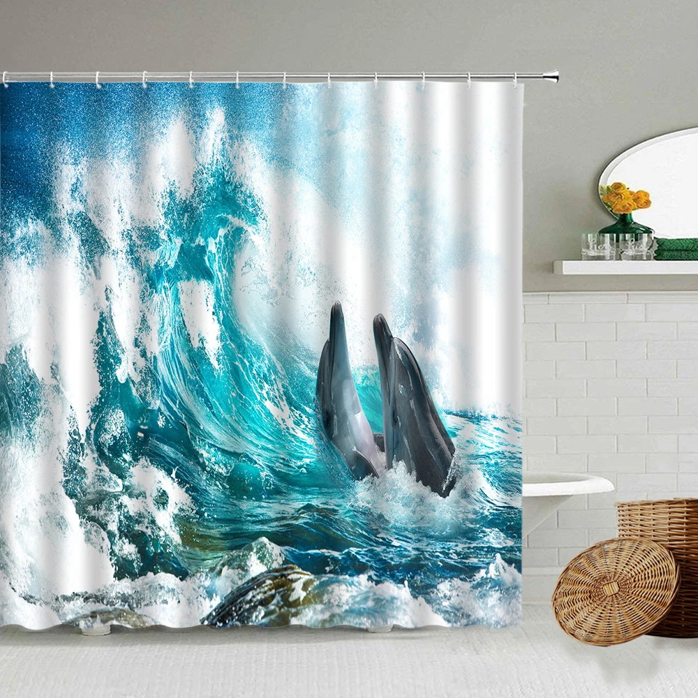 

Blue Ocean Wave Animal Dolphin Whale Shower Curtain Sea Scenery Bathroom Hanging Waterproof Polyester Curtains Machine Washable
