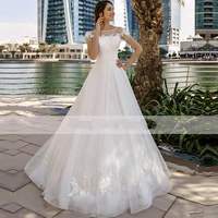floor length tulle gown white a line wedding dresses scoop neck back bridal gowns lace appliques vestidos de novia 2021