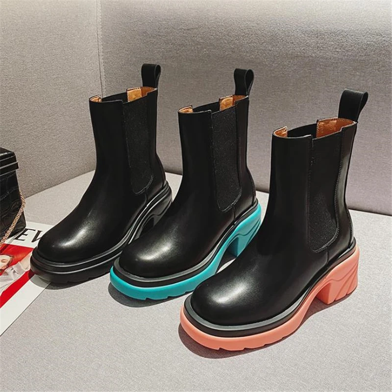 

Fashion Chunky Boots Women Autumn Ankle Boots PU Leather Platform Chelsea Boots Thick Heel Female Wedges Shoes Ladies Boots