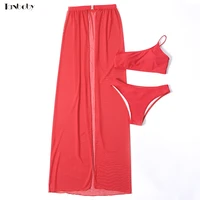 red bikini with long skirt cover up 3 pieces swimming suits summer beachwear sexy one shoulder womens swimwear bathing suits