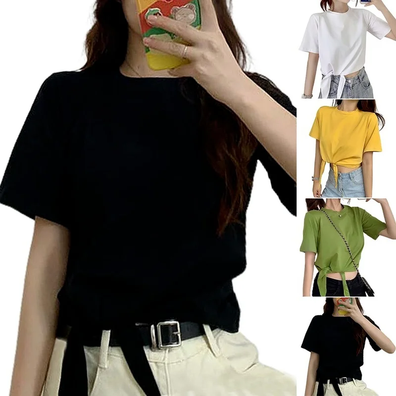 

LI Short Sleeve Round Neck Lace Up T- Shirt High Waist Plain Color Casual All-match Women Clothing Graphic Solid T-Shirts