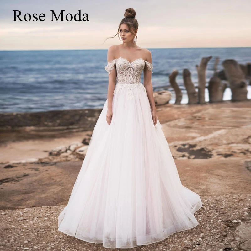 

Женское свадебное платье с открытыми плечами Rose Moda, бальное платье из фатина цвета слоновой кости и розового цвета с кристаллами в стиле при...