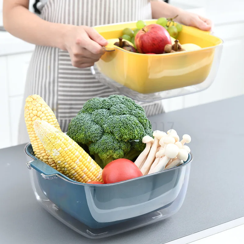 

Double-layer vegetable basket drain net red fruit plate kitchen vegetable plastic vegetable basket storage vegetable basket