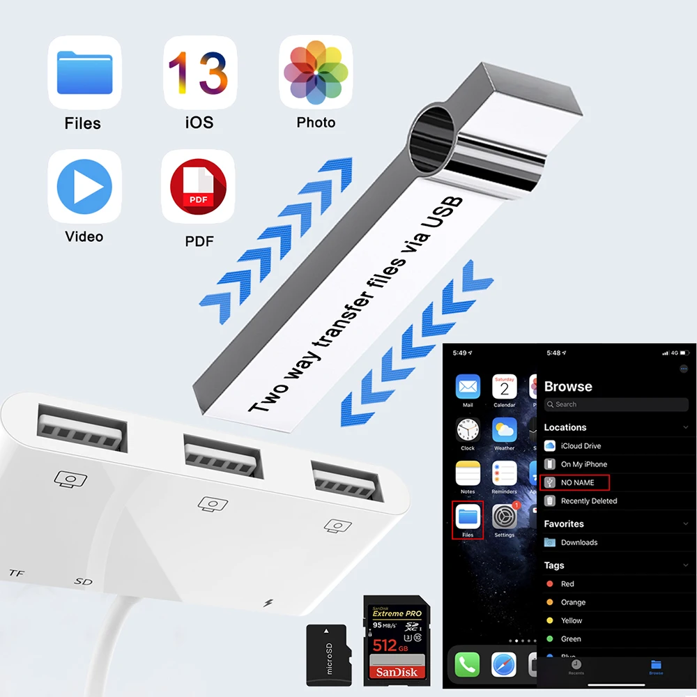 3 USB OTG адаптер для подключения камеры iPhone 8 X iOS 14 конвертер SD/TF/USB 6 в 1 кардридер