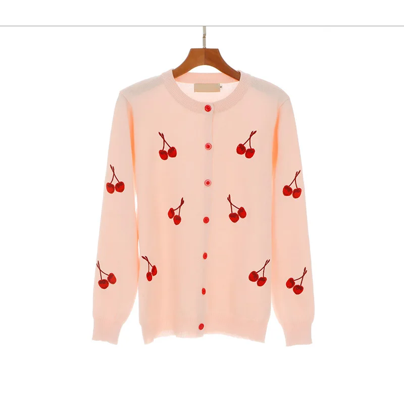 Женский вязаный кардиган с вышивкой вишни белый свитер длинным рукавом для весны