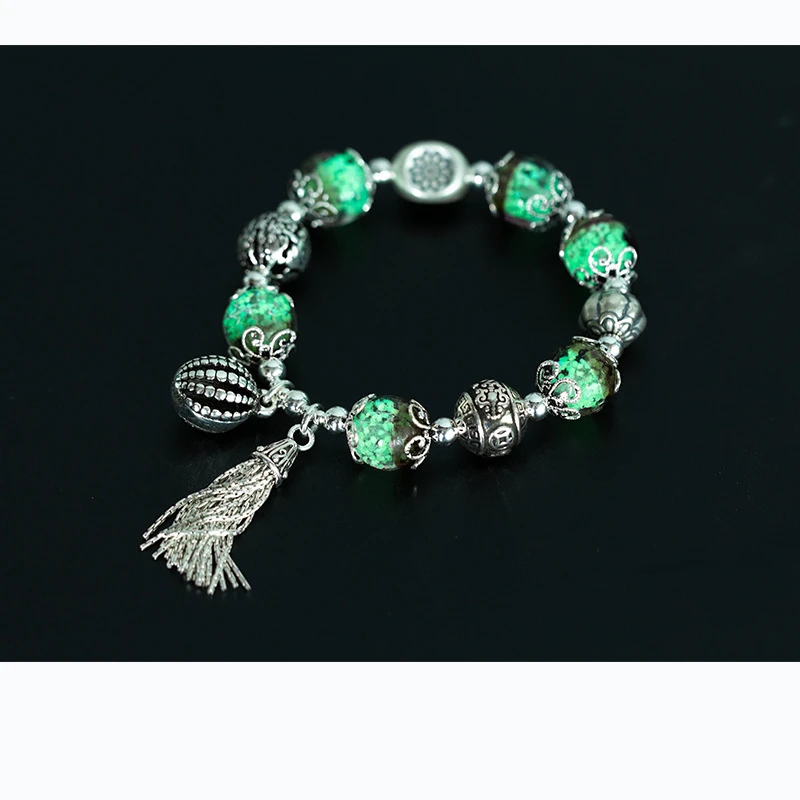 

Solid S925 Sterling Thai Silver Vintage Style Tassel Luminous Stone Fashion Bangle Bracelet For Trendy Women Luxury Jewelry Gift