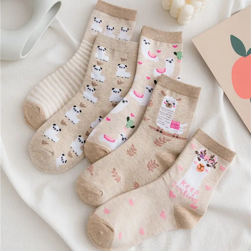 

Cartoon Tiny Alpacas Fluffy Sheep Llama Fashion Alpaca Khaki Cotton Love Heart Socks Cute Funny Earth Tone Casual Soft Girls