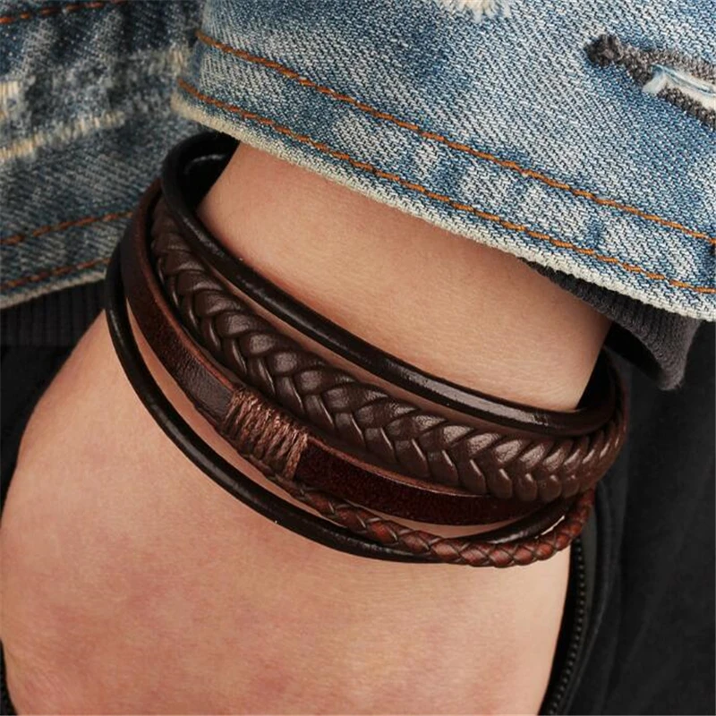 

2pcs Trendy Genuine Leather Bracelets Men Stainless Steel Multilayer Braided Rope Bracelets for Male Female Bracelets Jewelry