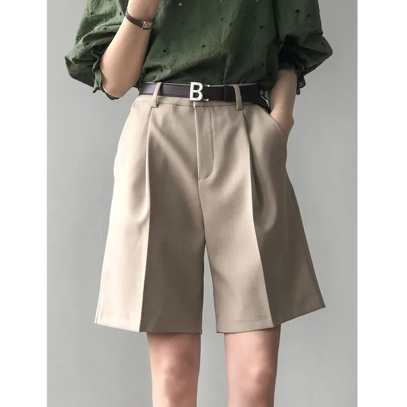 

Real Shot Pure Color Suit Shorts Women 2021 Summer New Korean Style High Waist Straight Loose Casual Pants