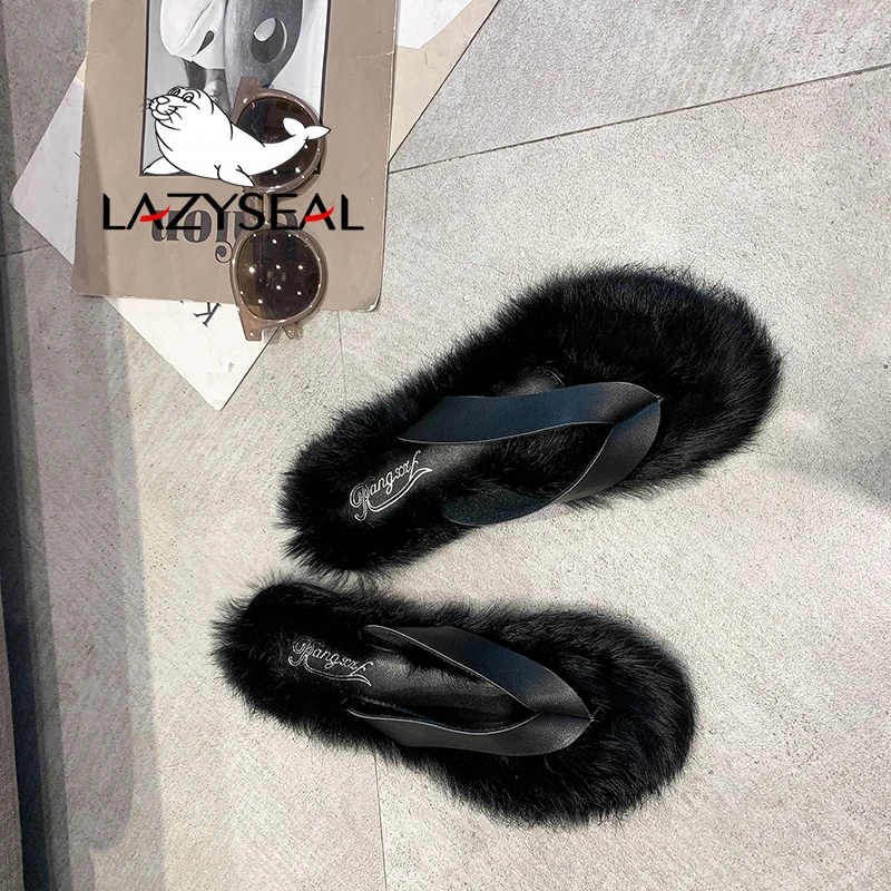 LazySeal обувь с разноцветным мехом; женские Вьетнамки; Новинка; Модные женские домашние тапочки на Плоском Каблуке; сезон осень-зима; женские шлепанцы без задника