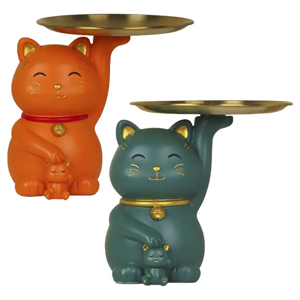 

Decorative Lucky Cat Figurine Cute Creative Key Jewelry Plate Household Resin Ornaments Art Craft for Living Room