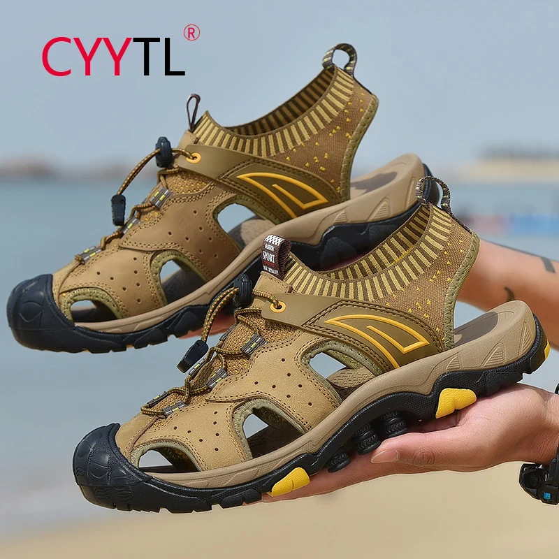 

CYYTL New Men's Fashion Casual Sandals Outdoor Hiking Closed Toe Elastic Band Leather Summer Shoes Wading Beach Slippers