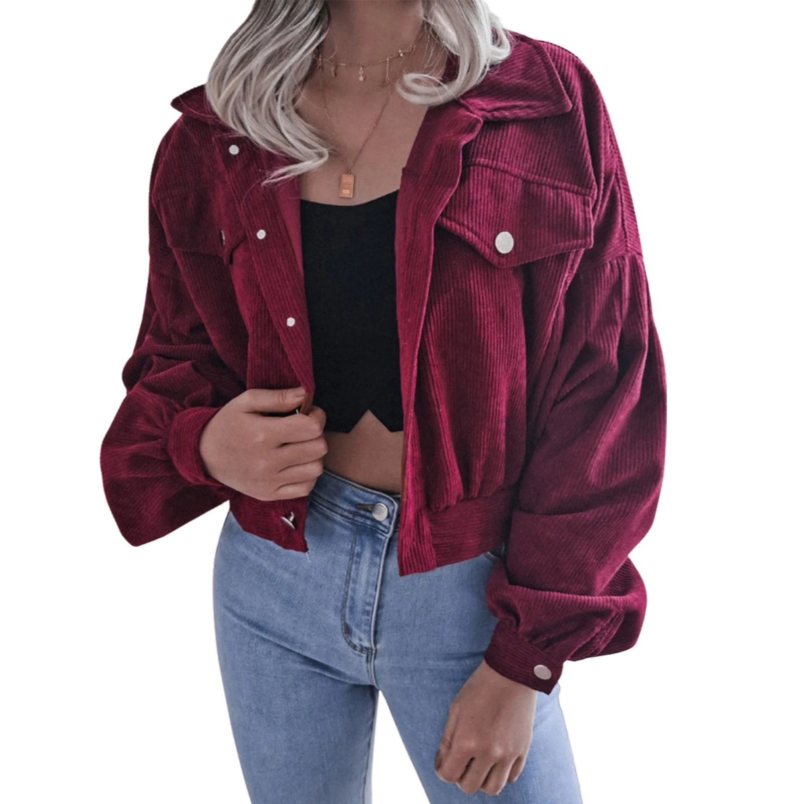 

Women’s Casual Long Sleeve Button Cardigan Fashion Solid Color Corduroy Short Style Jacket