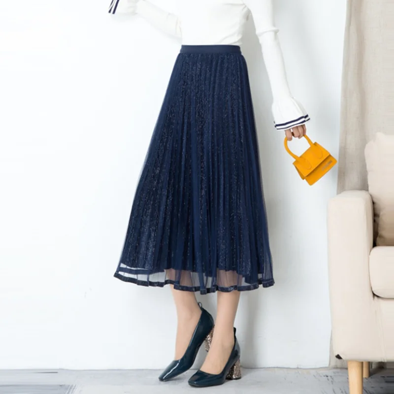 

Spring Autumn Fashion Lurex Velvet Mesh Tulle Skirt Joker Layered Plueche Blue Long Pleated Skirt Women 2021 Jupe Femme