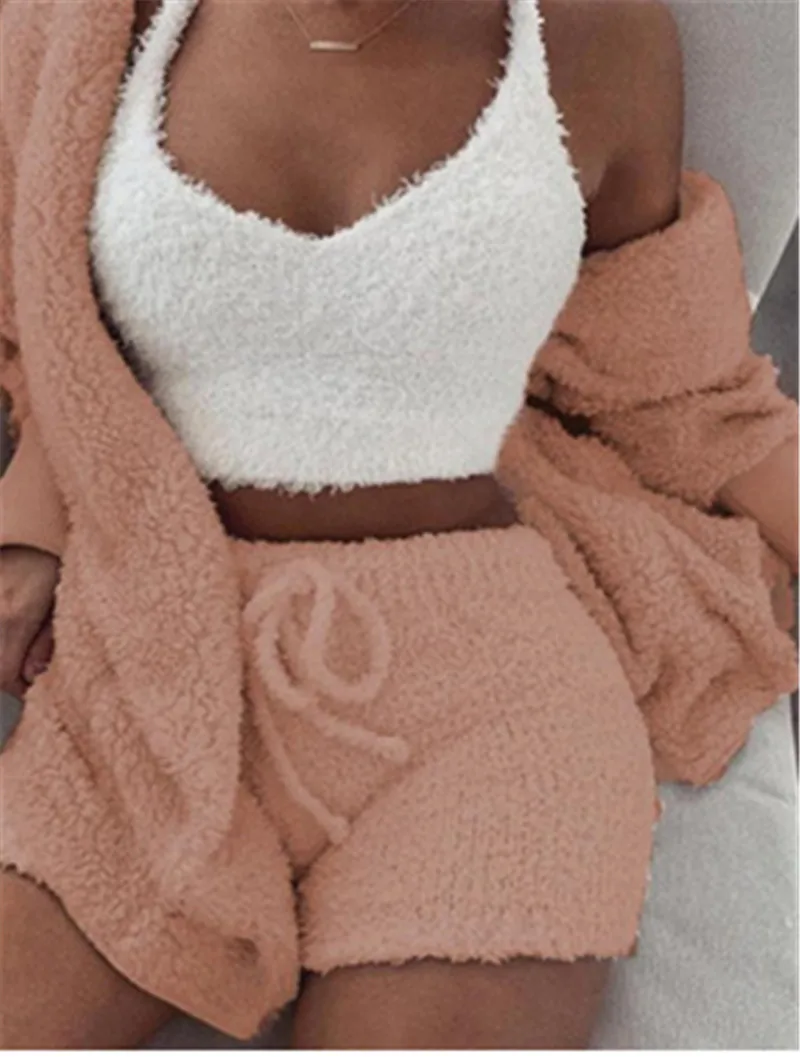 

Fashion Women Cardigan Sweater Plush Hooded Coat + Shorts Set Sleepwear 3PCS Sets