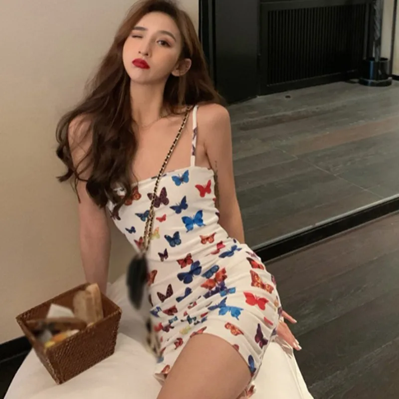 

Korean Butterfly Print Tube Top Dresses Sweet Strap Simple Slim 2020 New White Vestido De Mujer