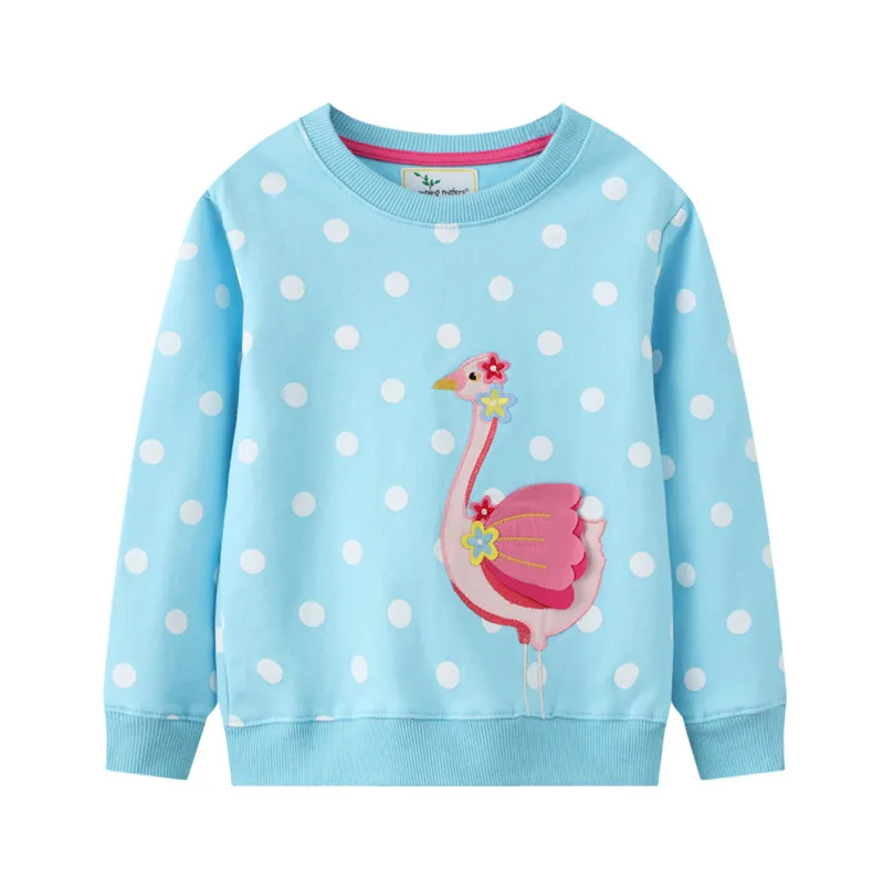 

Jumping Meters Baby Flamingo Applique Girls Sweatshirts Cotton Polka Dots Fashion Sport Shirts Hoodies Kids Costume Tops