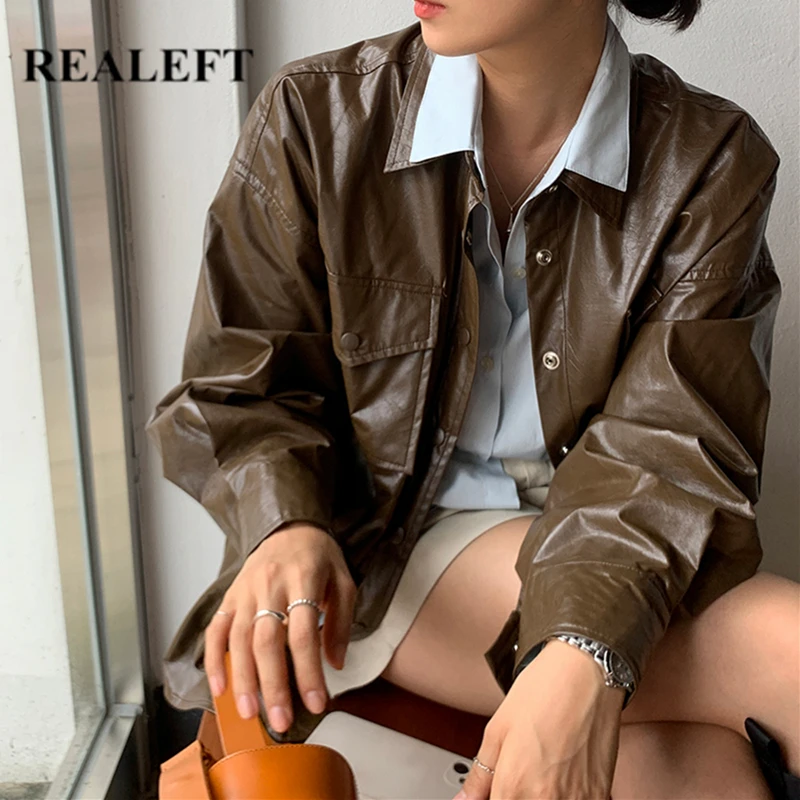 

REALEFT 2021 New Autumn Winter PU Faux Leather Oversize Women's Blouse Long Sleeve Tops Classic Loose Female Shirts Office Lady