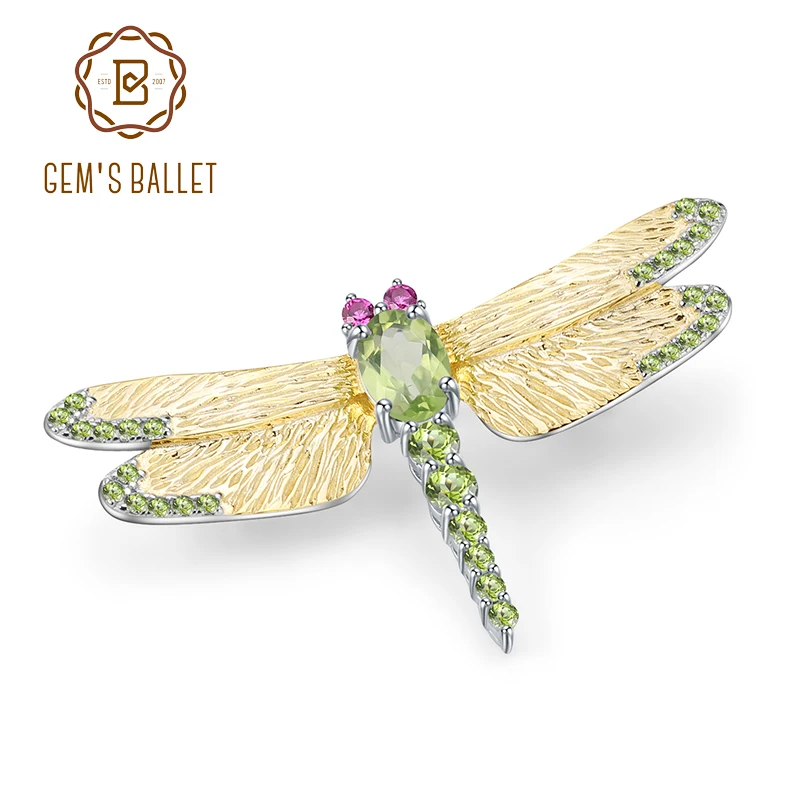 GEM'S BALLET 1.13Ct натуральный зеленый перидот драгоценный камень брошь 925 пробы серебро ручной работы Стрекоза Броши для женщин платья