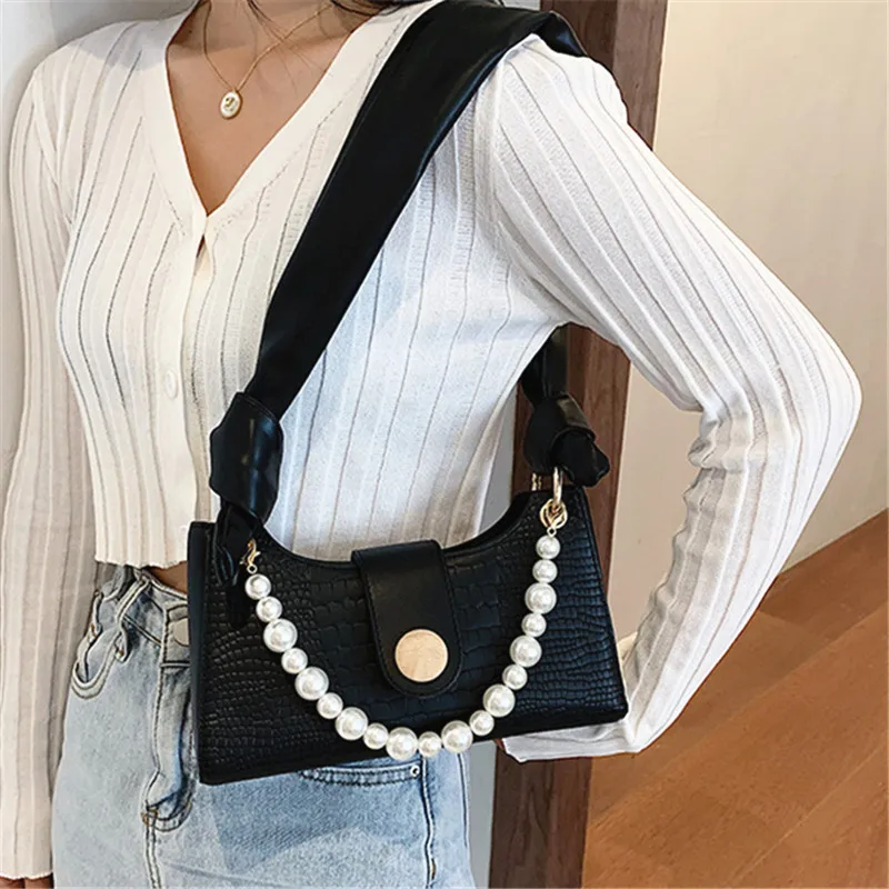 

Women Crocodile Pattern PU Leather Armpit Bag Pearl Decoration Designer Handbags Female Solid Color Wide Strap Shoulder Bags Sac