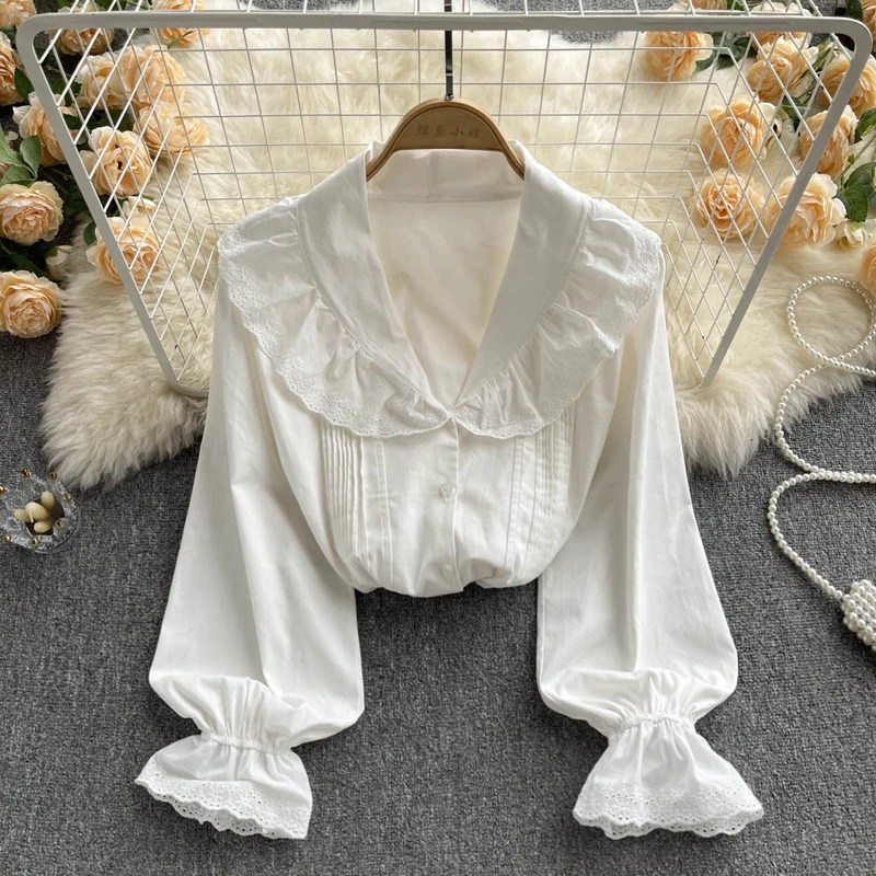 

Fashion Women's Lace Ruffle Shirt Tops Chic Notched Collar Folded Shirt Long Sleeve White Blouse Hipster Korean 2022 Spring New