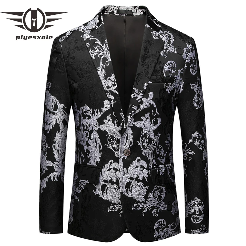 Black Casual Male Blazer Jacket Slim Fit Flower Printed Mens Floral Blazer Rock And Roll Costumes Fashion Embroidery Design Q814