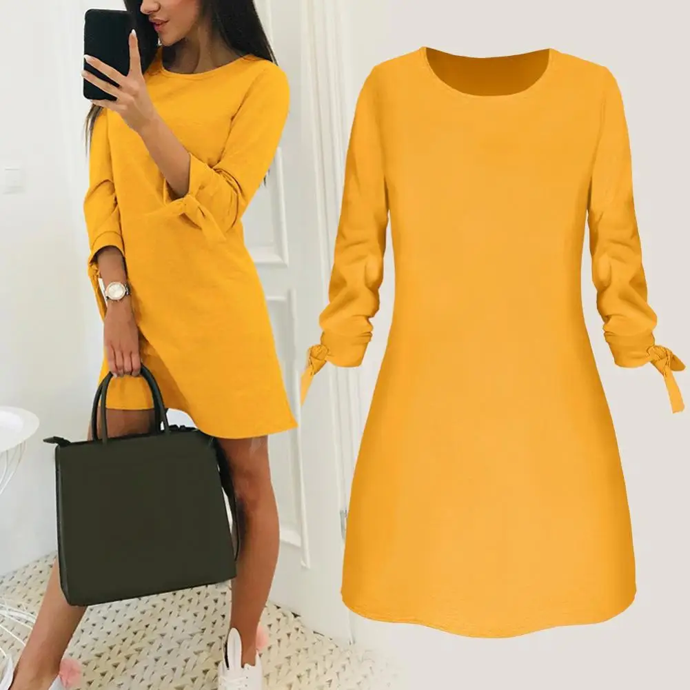 

Spring Elegant Bow Casual Women Autumn Solid Color O Neck 3/4 Drawstring Sleeve Loose Mini Dress Plus Size