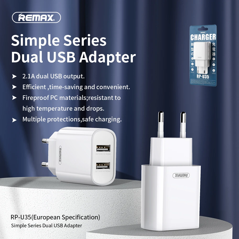 

REMAX RP-U35 Portable US/EU Usb Adapter Fast Charging For iphone 12 xiaomi Dual USB Adapter Phone Charger For Samsung S8 Note 8