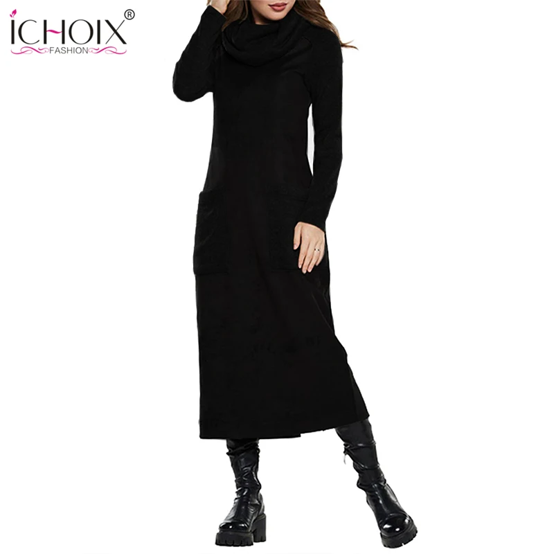 Женское длинное платье с высоким воротом повседневное теплое карманами