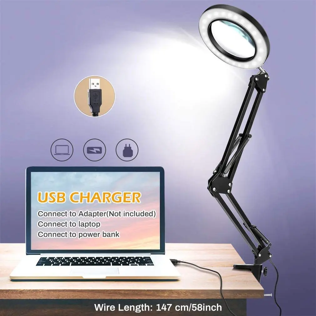 

Foldable Professional 5X Magnifying Glass Desk Lamp Magnifier LED Light Reading Lamp with Three Dimming Modes USB Power Supply