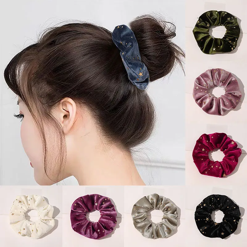 

1PC Gold Velvet Golden Stars Hair Ties Women Girls Elastic Hair Bands Retro Elegant Ponytail Holder Scrunchies Hair Accessories