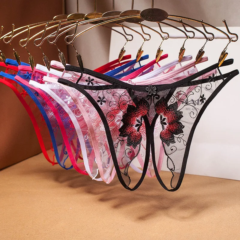 

New Embroidery Sexy Thongs Lace Transparent Panties for Women Sexy Underwear Erotic Lingerie G String Open Crotch Briefs